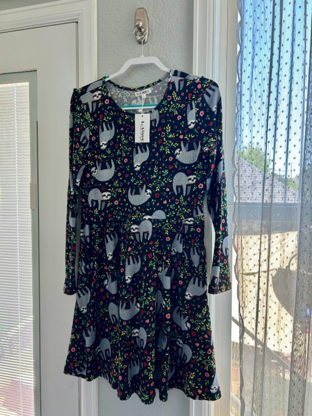NWT LA SOUL Sloth Print Long Sleeve Fit & Flare Dress Size Large